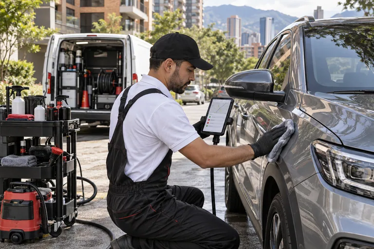 Técnico coordinando desde un dispositivo móvil un servicio de cuidado vehicular a domicilio.