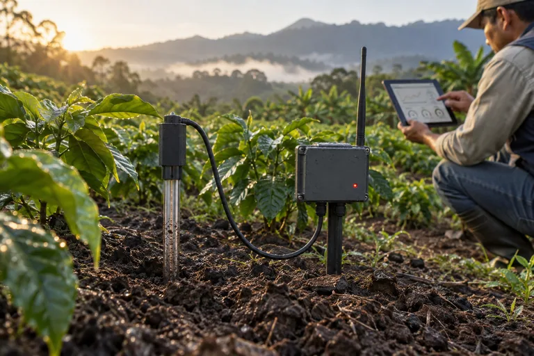 Sensor y módulo electrónico conectados para medir variables del suelo en un cultivo.