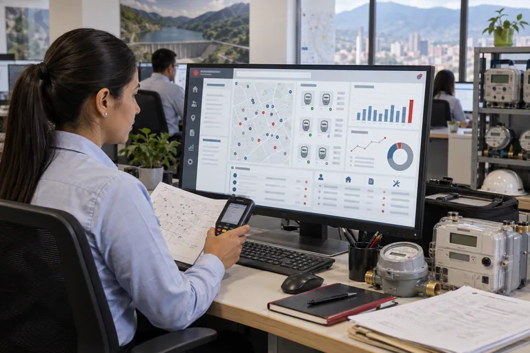 Operadora consultando un sistema comercial integrado con información de medidores y servicios.